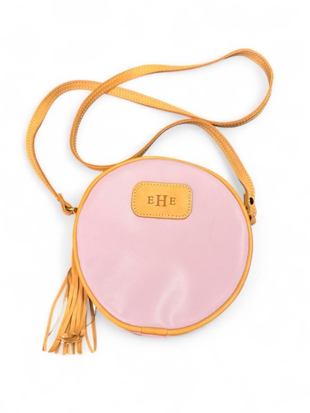 JON HART  lilac Luna crossbody coated canvas bag with tan leather trim & tassel